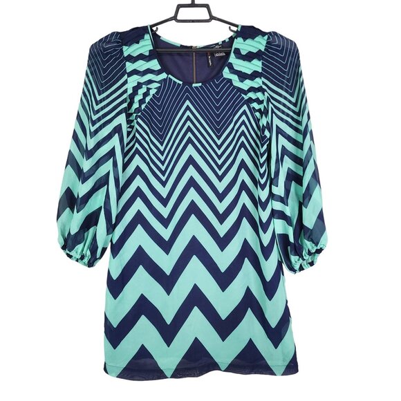 Women's Fire Los Angeles Blue & Teal Chevron Print Dress Long Sleeve Back Zip L - Picture 1 of 8